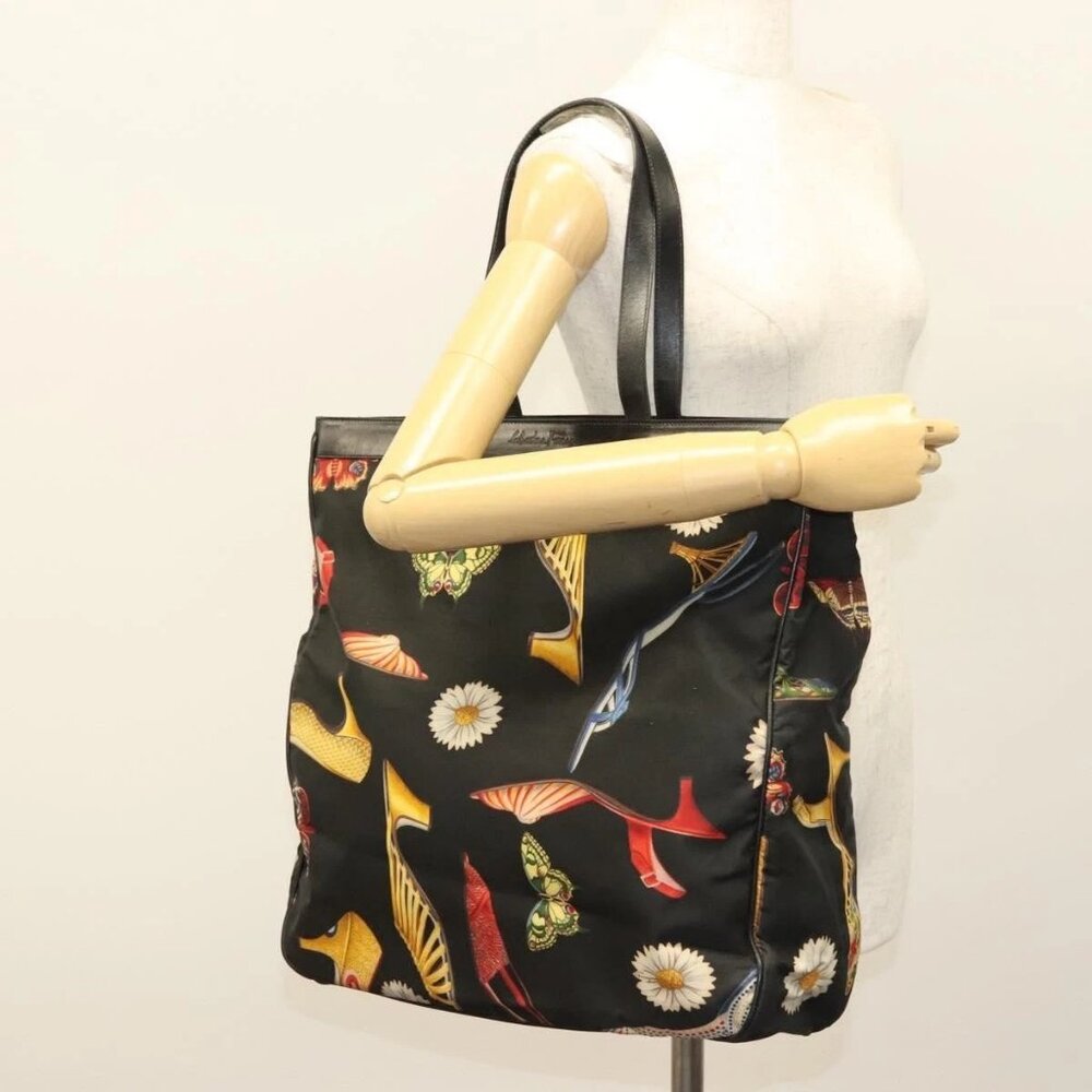 Salvatore Ferragamo Tote Bag Canvas Black Gold Auth